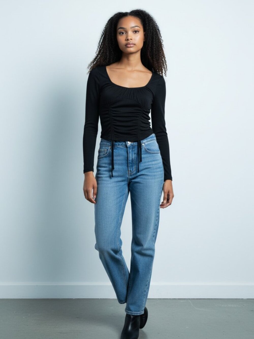 Almost Famous Black Ruched Long Sleeve Crop Top Size M